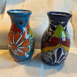 VTG Talavera Mexican Pottery Colorful Ceramic Floral Vases - Set of 2 holds 24oz